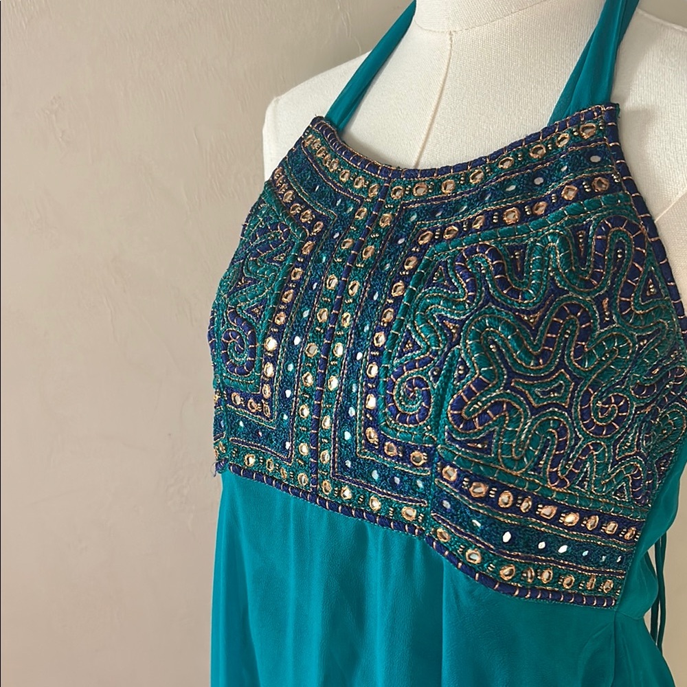 Teal Halter Maxi Indian Gown with Beaded Bodice and Mirrorwork WITH dupatta